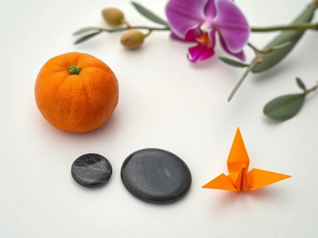 Pomarańcza, obsydian i papierowy żuraw origami na białym tle, reprezentujące przedmioty na literę „o”.