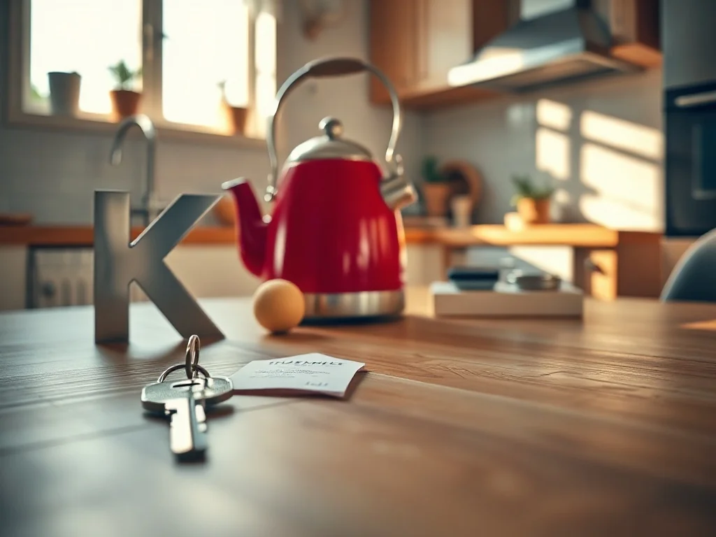 Klucz, czajnik i latawiec ułożone na drewnianym stole jako przykłady przedmiotów zaczynających się na literę „k”.