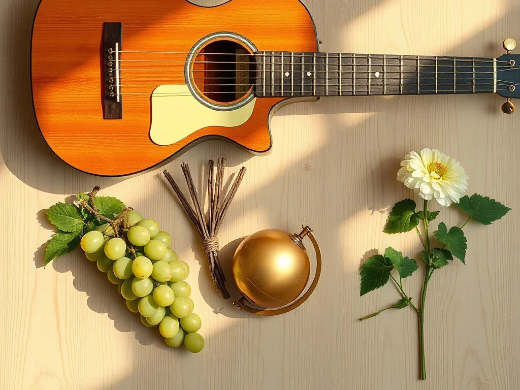 Kompozycja przedmiotów na literę G: gitara, winogrona, globus i pelargonia na drewnianym tle.