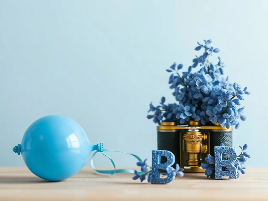 Zestaw przedmiotów na literę „b”: zabytkowa lornetka, niebieski balon oraz bukiet dzwonków na drewnianym blacie.