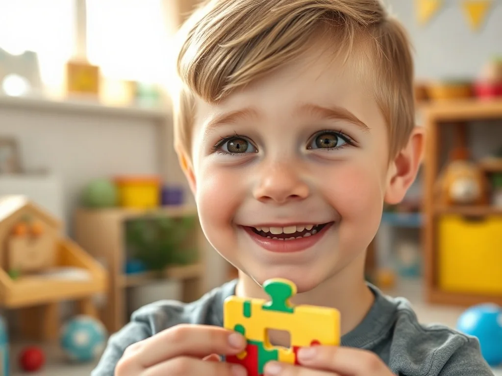 Pięcioletni chłopiec z zaciekawieniem układa kolorowe puzzle w przytulnym pokoju zabaw.