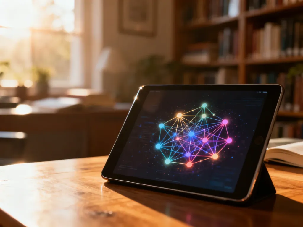 Tablet z wizualizacją sieci neuronowej na drewnianym biurku w przytulnym domowym biurze, symbolizujący naukę technologii AI.