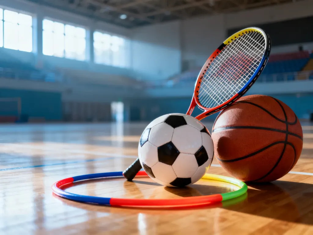 Kolorowy sprzęt sportowy przygotowany do zajęć w przestronnej hali sportowej.