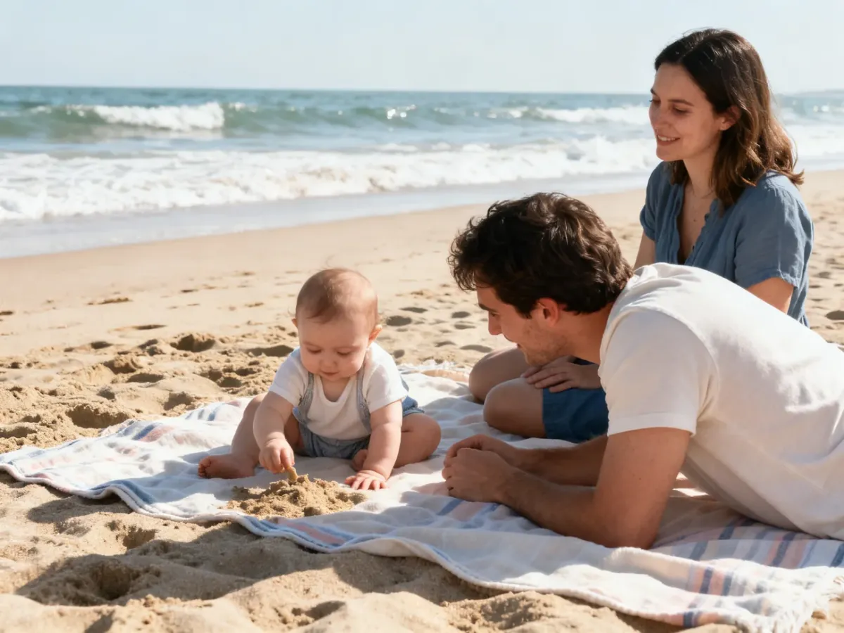 Rodzina z niemowlęciem odpoczywająca na spokojnej plaży