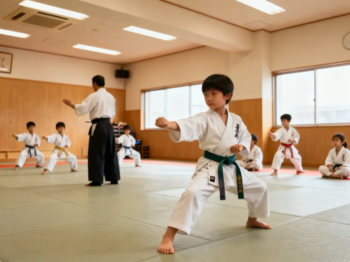 Dziecko ćwiczące karate pod opieką instruktora