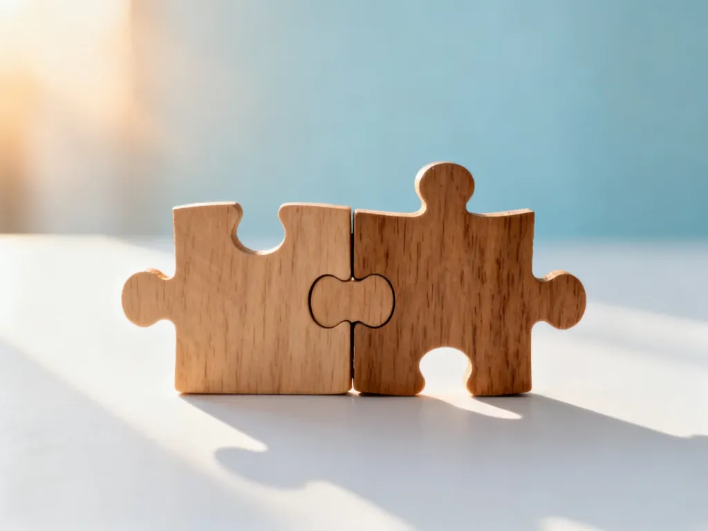 Dwa drewniane elementy puzzli idealnie do siebie pasujące, symbolizujące harmonię i współpracę między rodzeństwem.