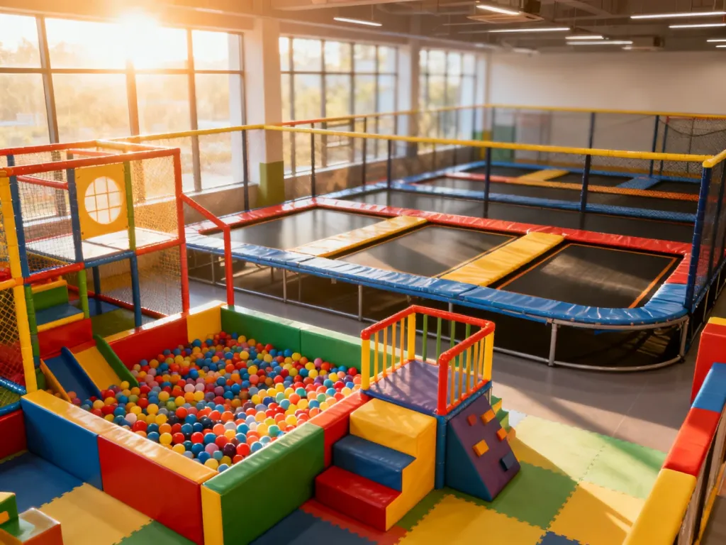 Kolorowy plac zabaw z basenem z kulkami oraz trampoliny w tle w nowoczesnym centrum aktywności dla dzieci.