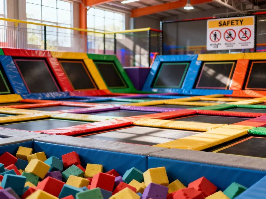 Kolorowy park trampolin z basenami z gąbkami, zachęcający do aktywnej zabawy w bezpiecznym otoczeniu.