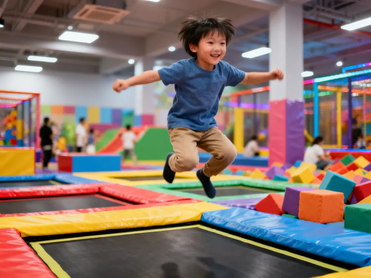 Dziecko skaczące na trampolinie w kolorowym parku trampolin