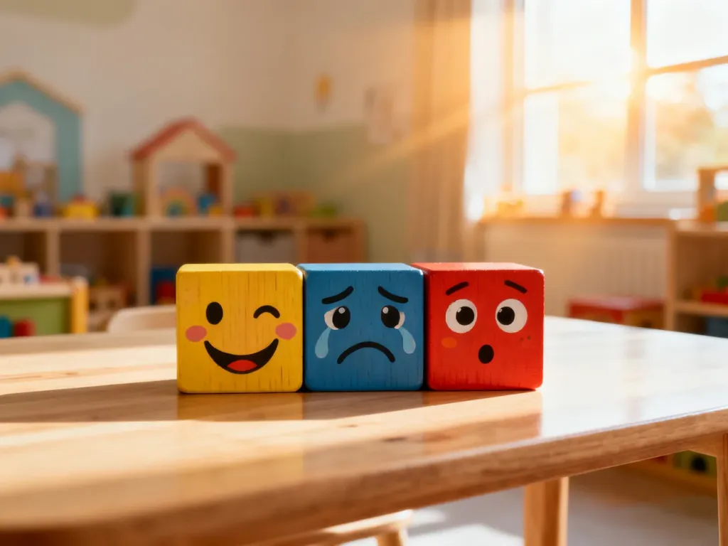 Drewniane klocki z namalowanymi emocjami na stole, symbolizujące naukę rozpoznawania uczuć podczas zabawy.