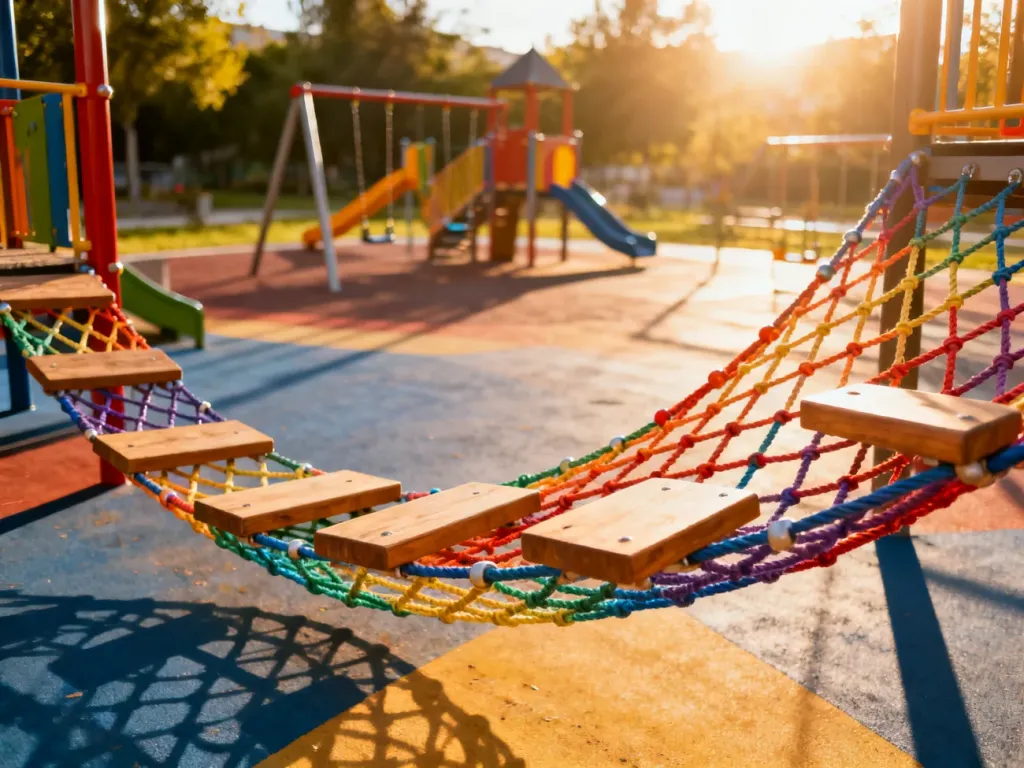 Nowoczesny park linowy z drewnianymi platformami i siatkami na tle tradycyjnego placu zabaw w promieniach słońca.