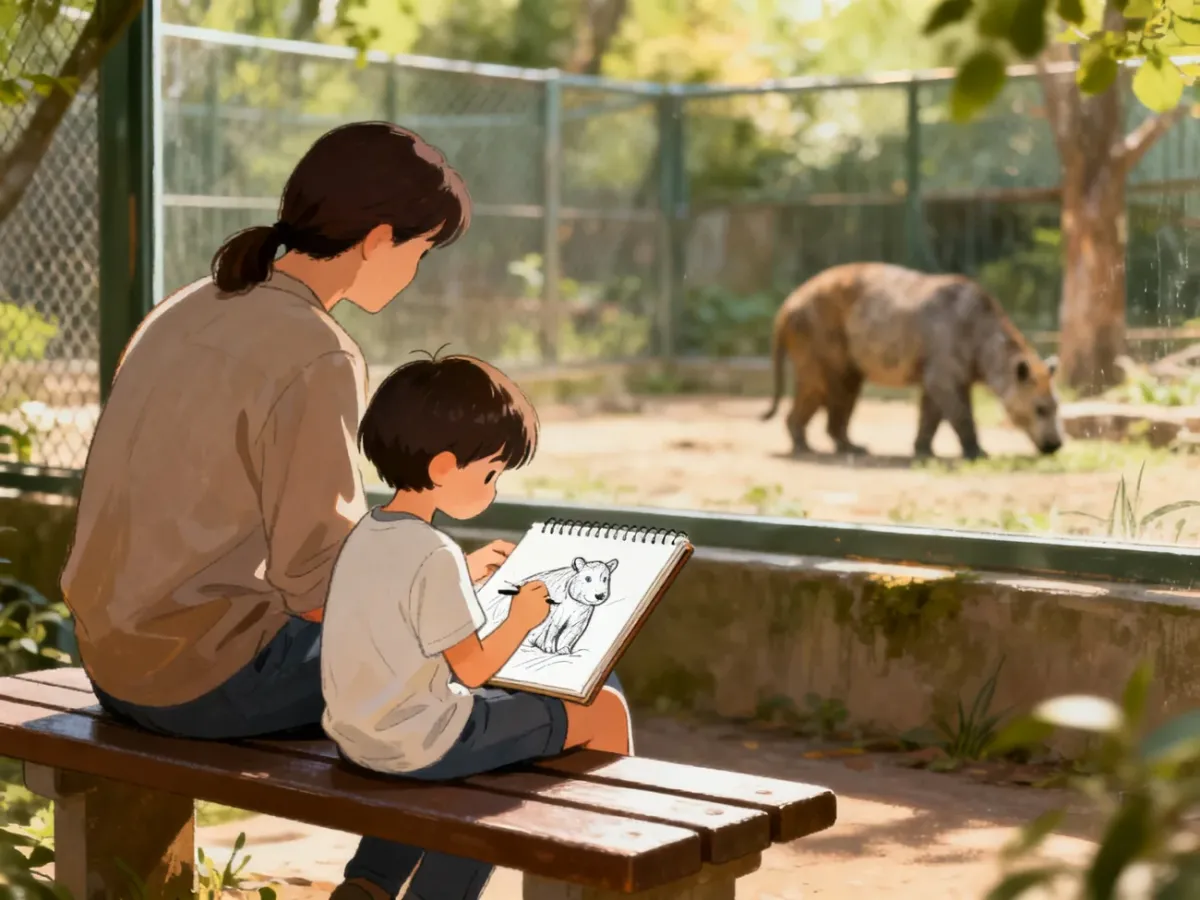 Dziecko rysujące obserwowane zwierzę podczas wizyty w zoo