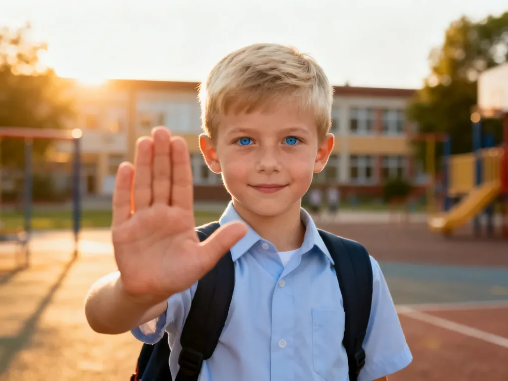 Siedmioletnie dziecko na placu zabaw wykonuje uprzejmy gest „stop”, demonstrując pewność siebie i asertywną postawę.