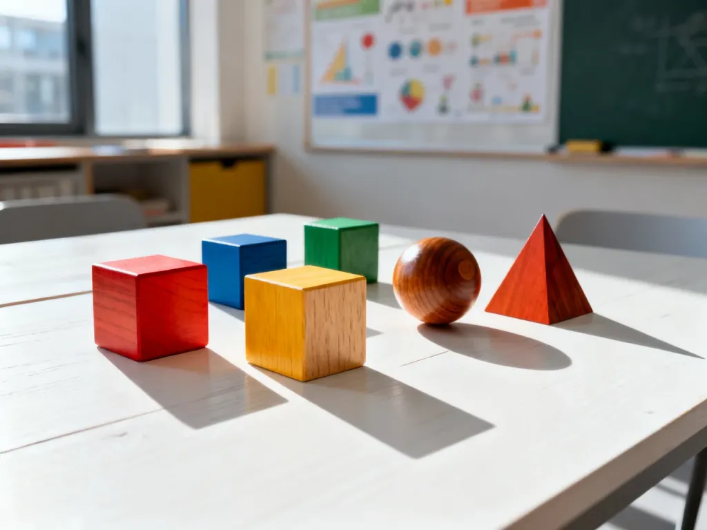 Kolorowe drewniane bryły geometryczne na białym stole, służące do nauki podstaw geometrii w przyjazny sposób.