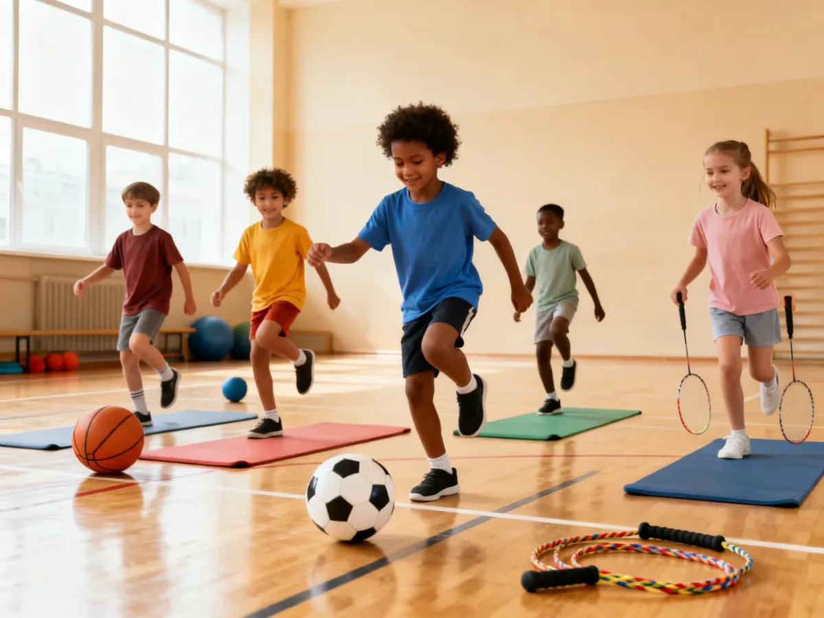 Dzieci podczas różnorodnych zajęć sportowych w sali gimnastycznej