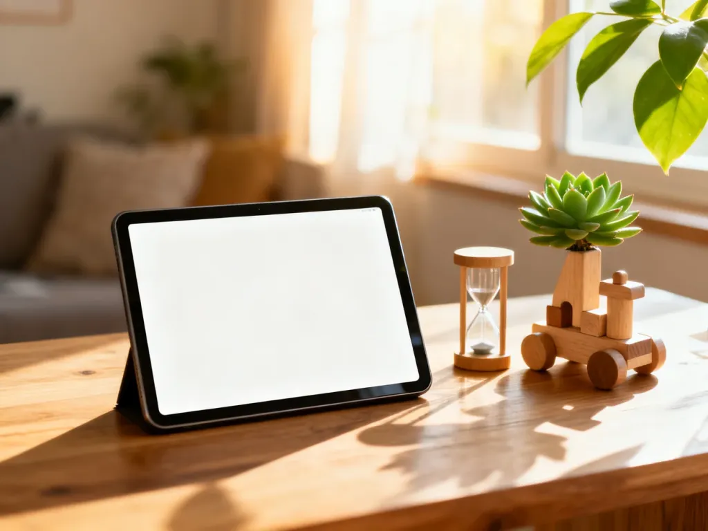 Tablet, drewniana zabawka i klepsydra na biurku, symbolizujące równowagę między technologią a zabawą u dzieci.