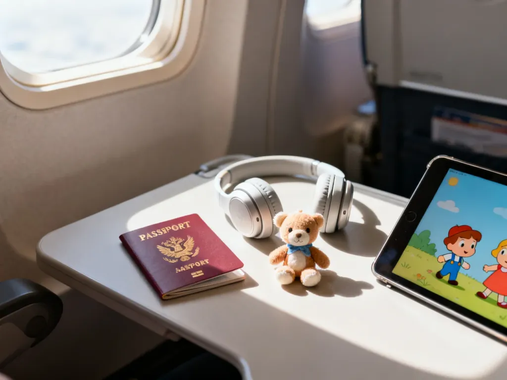Niezbędne akcesoria podróżne dla dziecka: paszport, słuchawki, pluszak i tablet na rozkładanym stoliku w samolocie.
