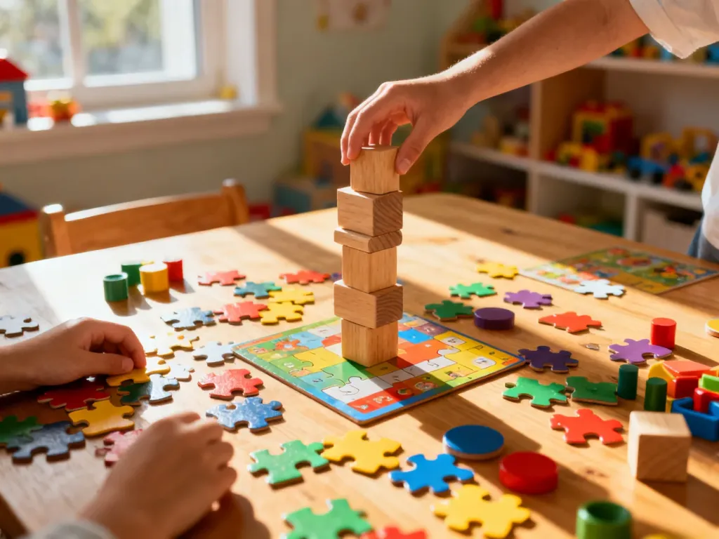 Dziecięce dłonie układające drewniane klocki na stole pełnym puzzli i elementów gier planszowych w przytulnym pokoju.