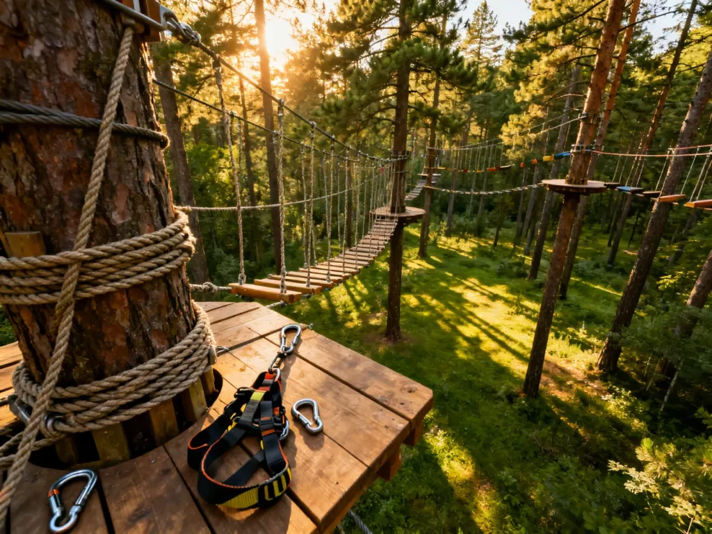 Drewniana platforma z uprzężą w parku linowym na tle toru przeszkód zawieszonego między drzewami w promieniach słońca.