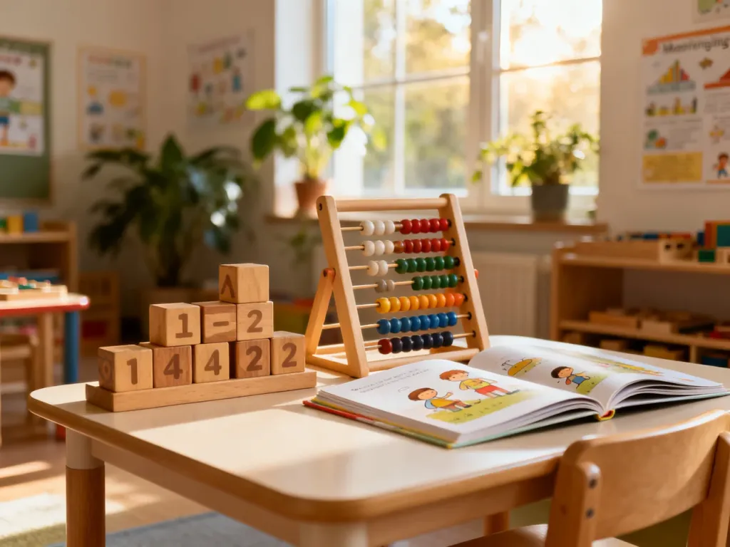 Przytulna sala w stylu Montessori z drewnianymi klockami, liczydłem i książkami na niskim stoliku, zachęcająca do nauki.