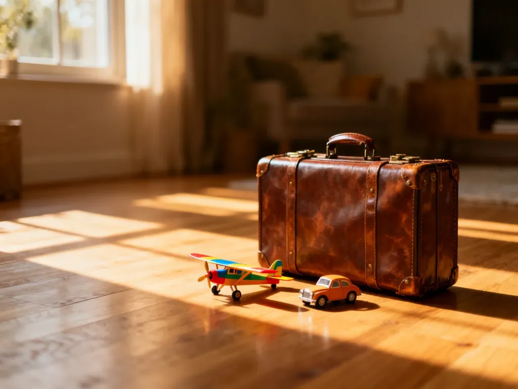 Skórzana walizka podróżna z miniaturowym samolotem i samochodem, symbolizująca dylemat wyboru środka transportu na wakacje.