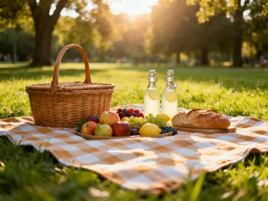 Koc piknikowy z koszem, owocami i napojami rozłożony na zielonej łące w słoneczny dzień.