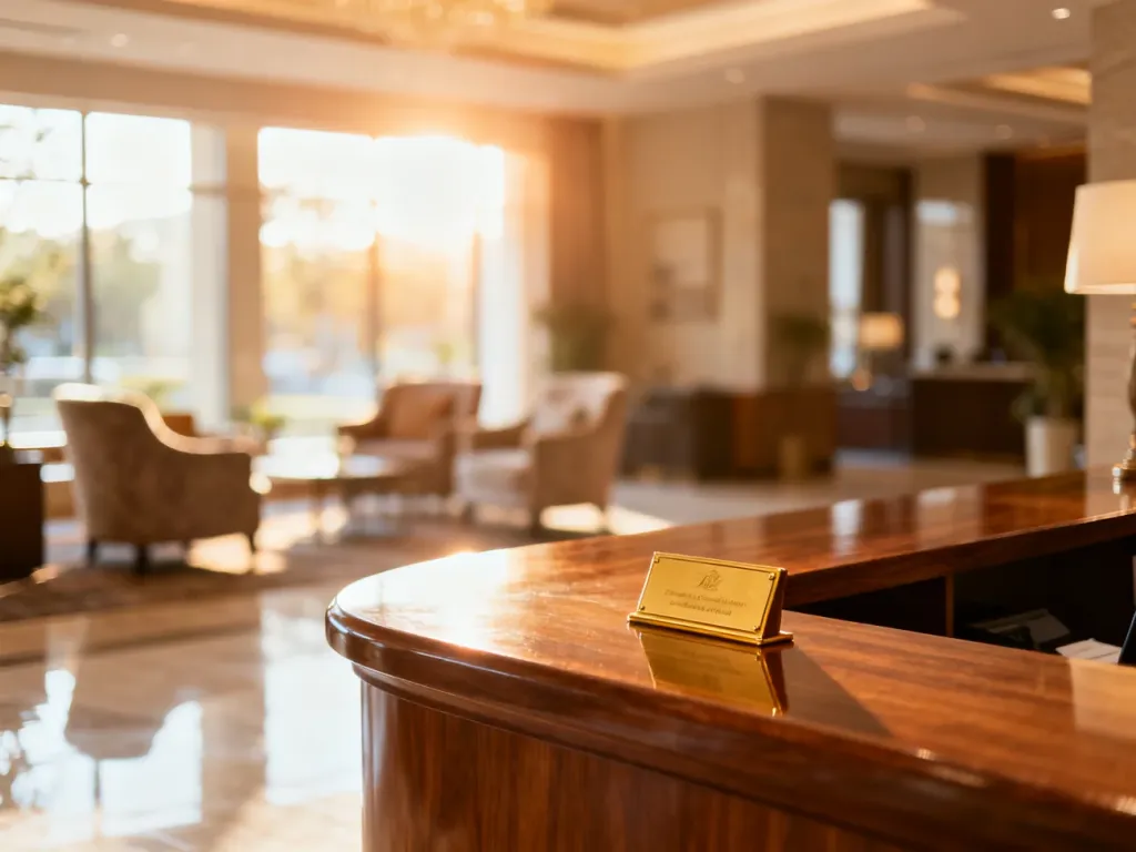 Jasne i nowoczesne lobby hotelowe z recepcją, tworzące przyjazną i komfortową atmosferę dla gości.