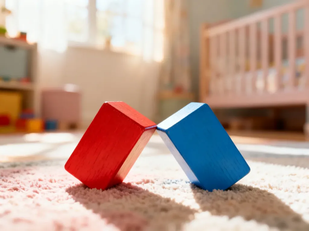 Dwa drewniane klocki oparte o siebie na dywanie, symbolizujące dziecięcy konflikt w przytulnym pokoju.