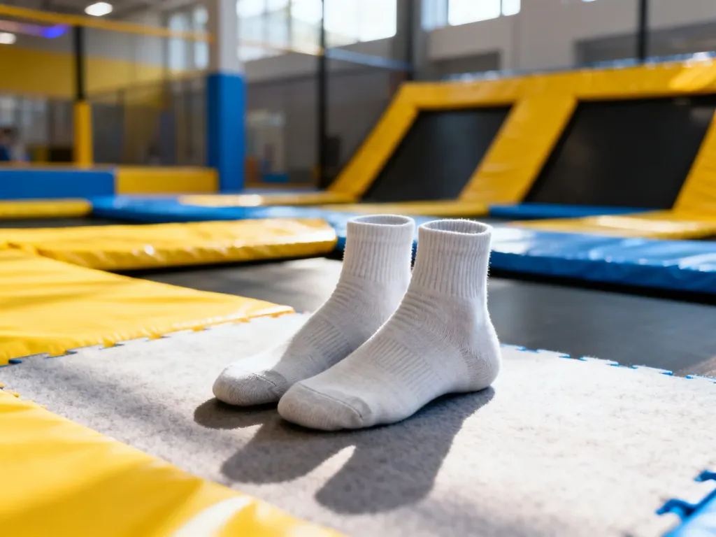 Czyste skarpetki antypoślizgowe leżące na trampolinie w parku rozrywki, gotowe do bezpiecznej zabawy.