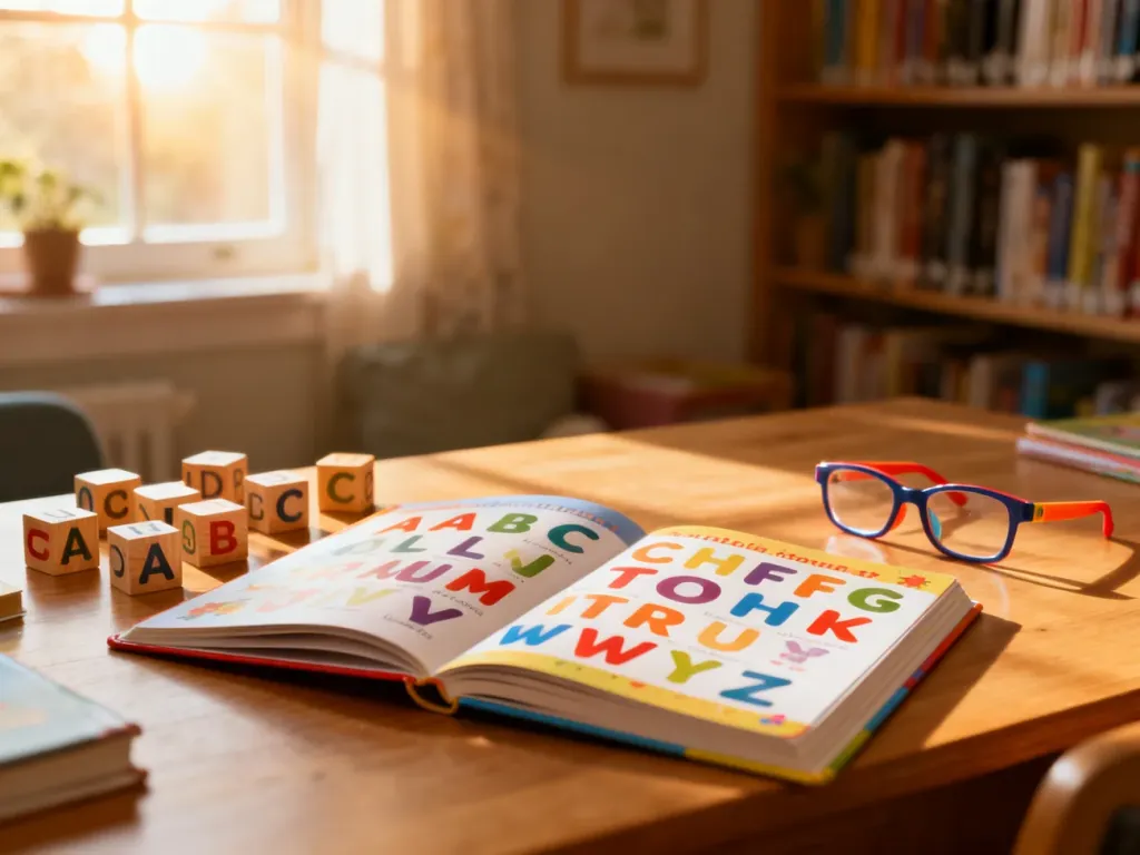 Kolorowa książka z alfabetem, drewniane klocki z literami i dziecięce okulary na biurku, tworzące przyjazną atmosferę do nauki.