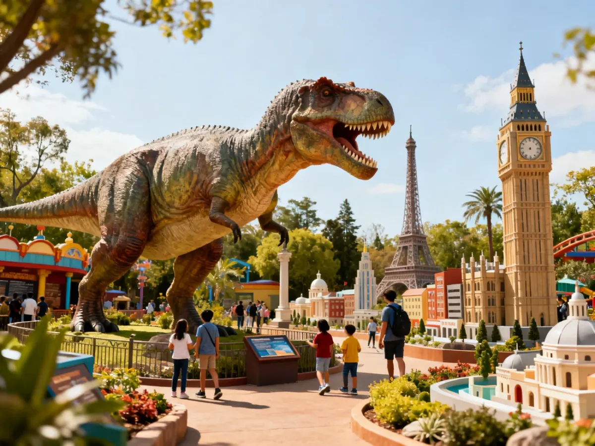 Rodziny oglądające dinozaura i miniaturowe budowle w parku tematycznym